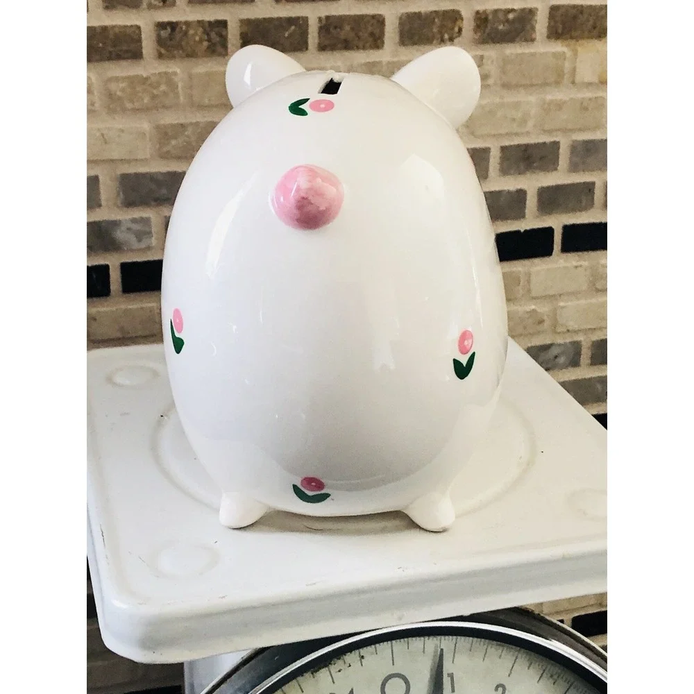 Ceramic Piggy Bank with Pink‎ & Green Flowers Vintage